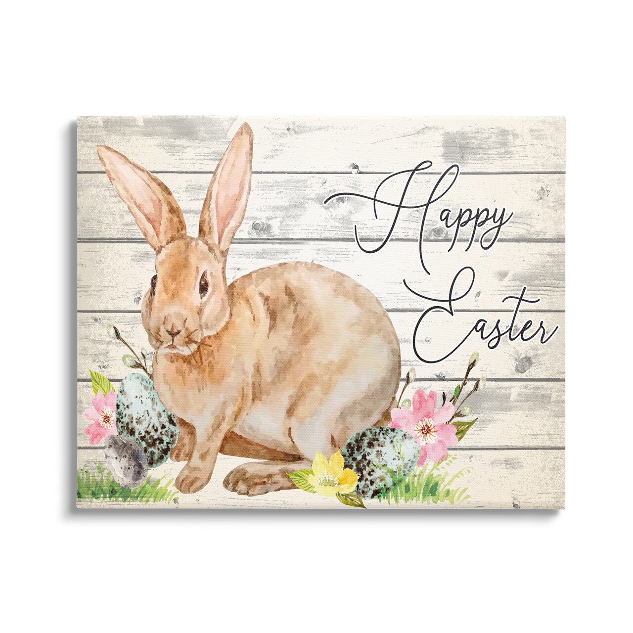 Stupell Industries Spring Floral Happy Easter Bunny Canvas Wall Art